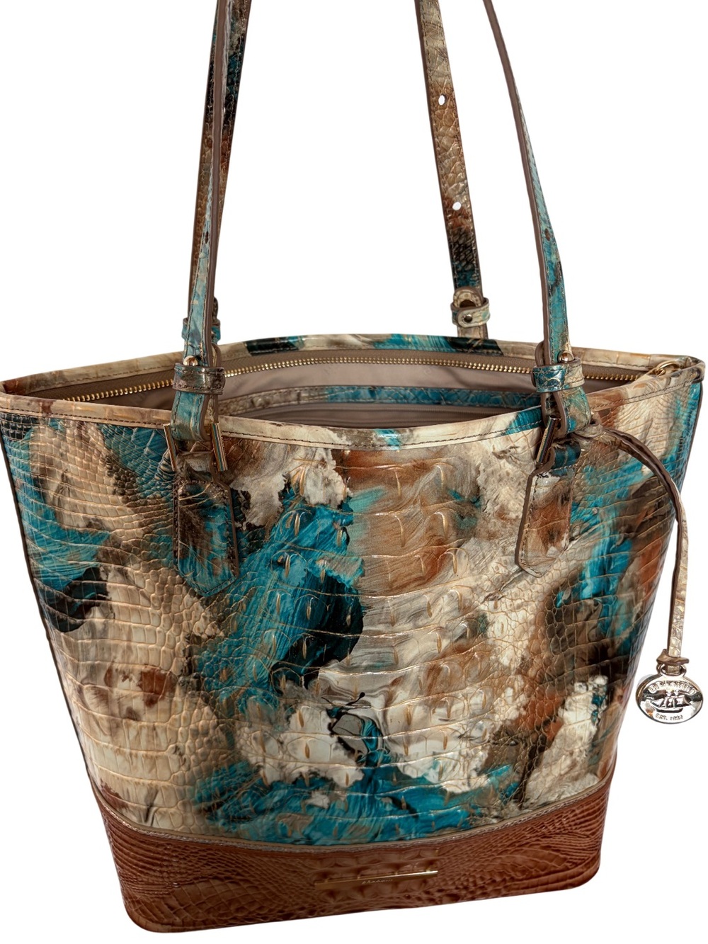 Brahmin Like New Painted Teal & Brown Leather Tote Bag
